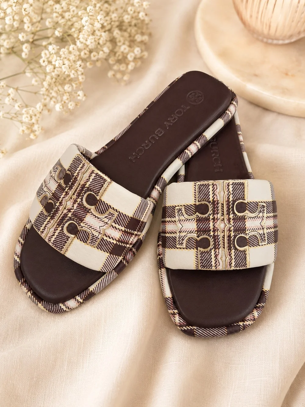 TORY BURCH Double T Plaid Logo Slide Sandal - Brown/Cream/Gold